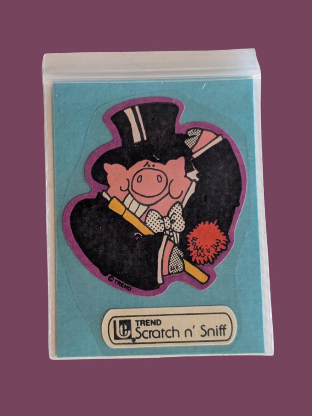 5/$25 Vintage 80s Used Trend Tuxedo Pig Scratch and Sniff Carnation Sticker